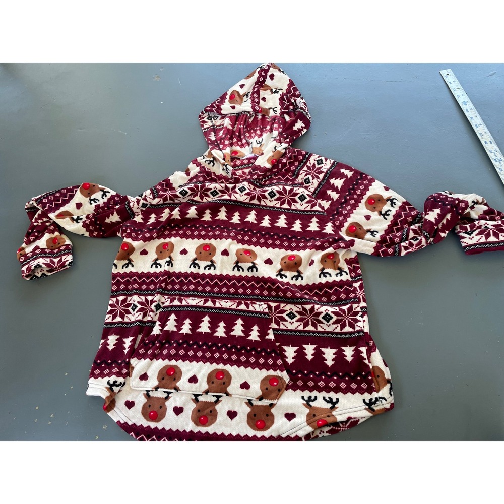 No Boundaries Reindeer Fair Isle Fleece Hoodie Burgundy White XXL 19 Runs Small